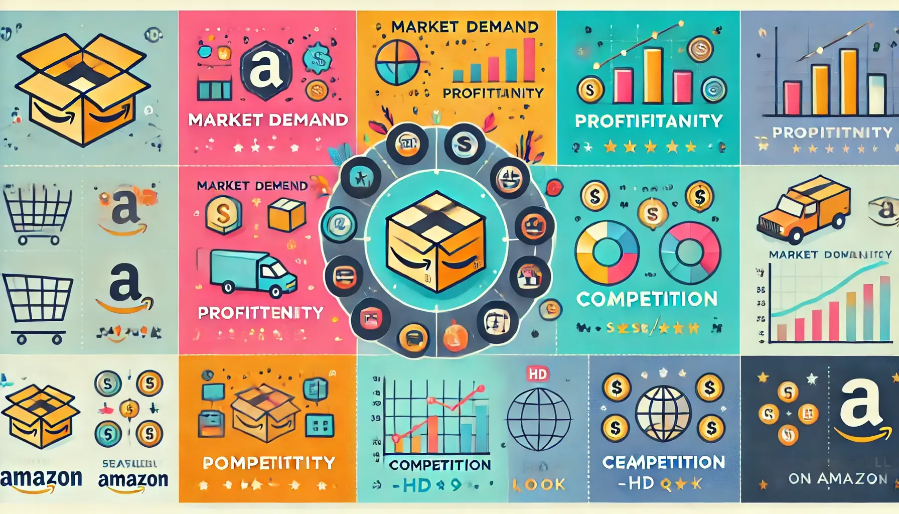 Central product surrounded by icons for market