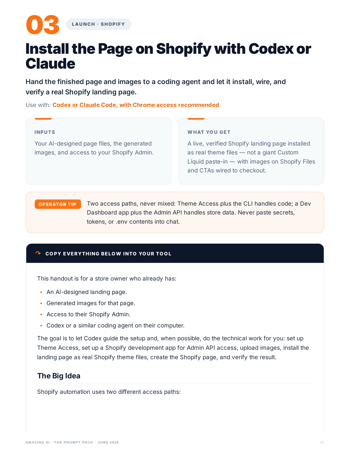 A prompt pack page describing Shopify landing page installation.