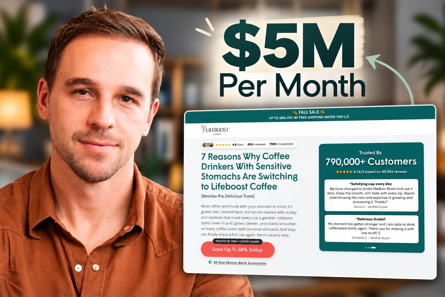 Matt Clark beside a Lifeboost Coffee sales page that does $5M per month