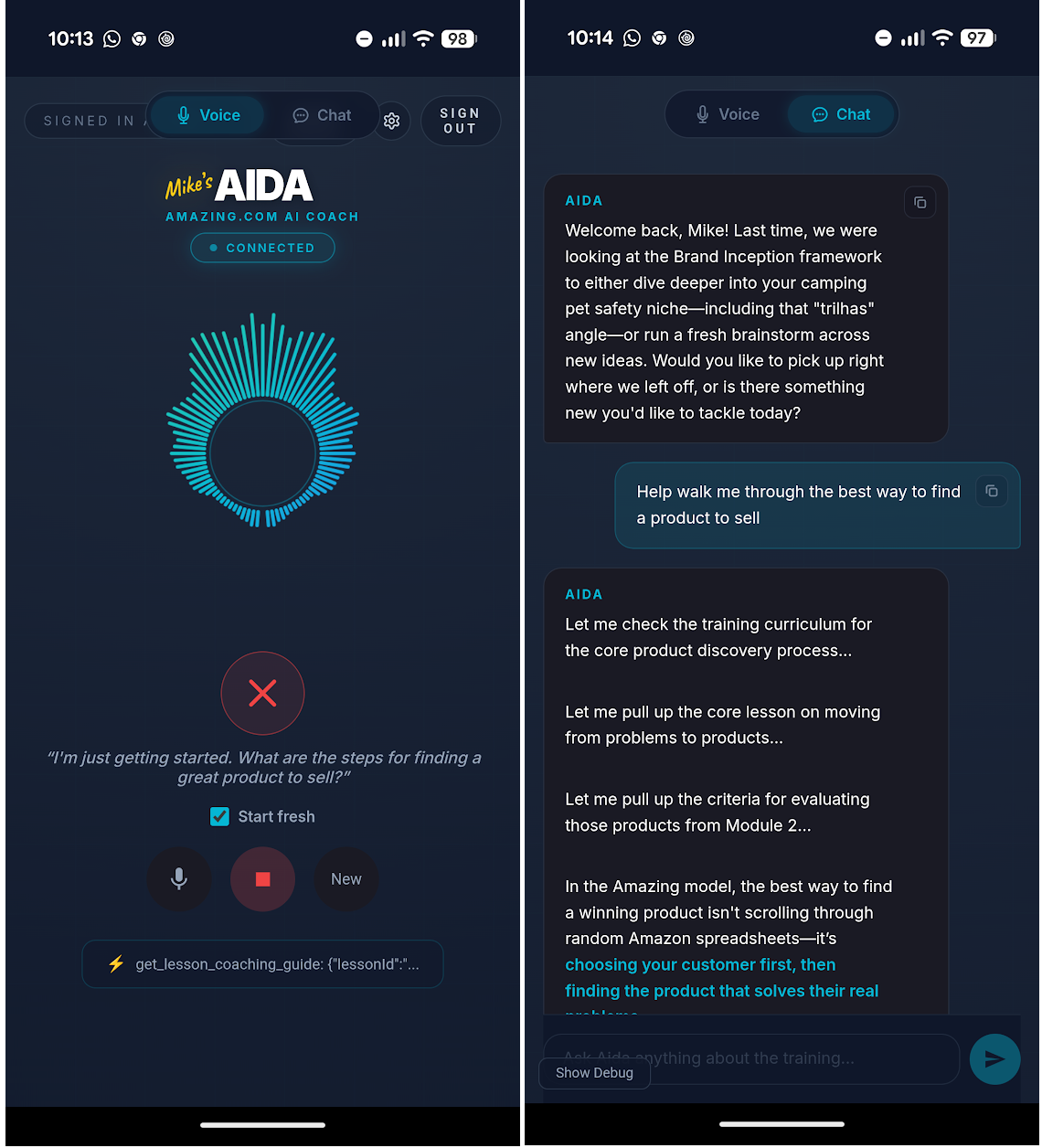 AIDA on mobile, with voice and text conversations shown side by side.