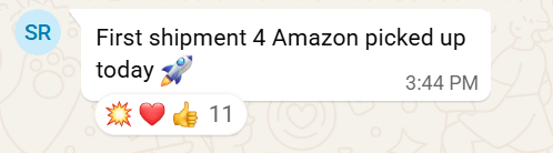 Shah's message in the Copilot WhatsApp group: first shipment for Amazon picked up today